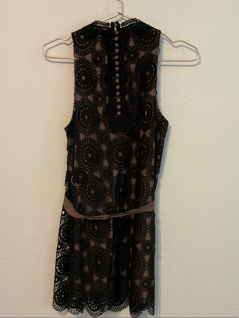 Free People Sleeveless Black Crochet Overlay Dress with Taupe Lining and Belt - Picture 3 of 9